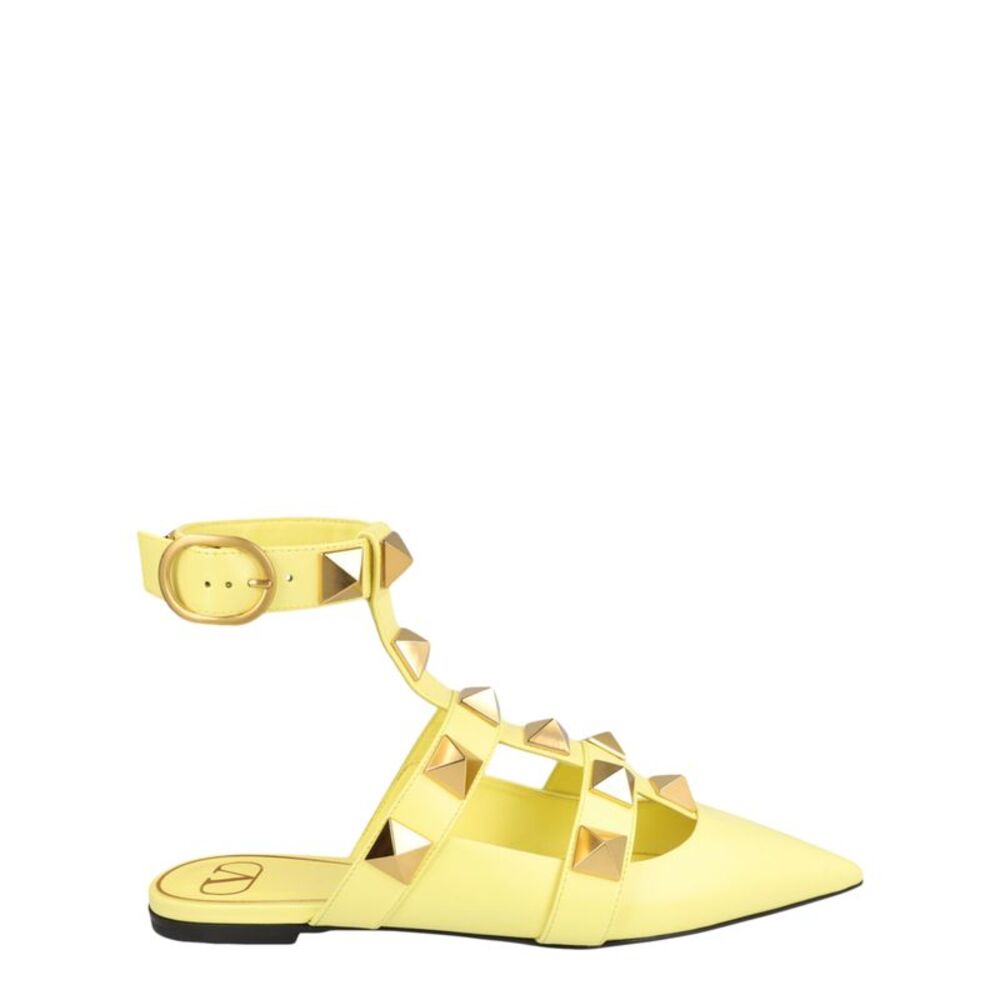 Valentino Roman Stud Caged Leather Ballet Flats Yellow Womens
